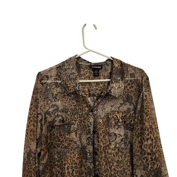 Lane Bryant Snakeskin Leopard Long Sleeve Button Up Shirt Sheer Brown Size 18/20 - Picture 3 of 8